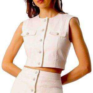 Avec Les Filles White Pearl Denim Crop Top